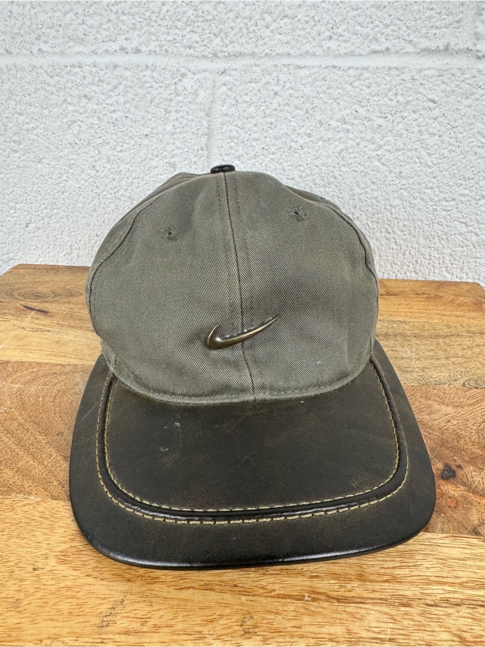 Vintage Nike Golf Leather Brim Strapback Hat Olive Green Swoosh Y2K